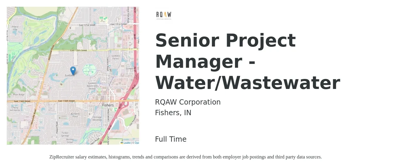 RQAW Corporation job posting for a Senior Project Manager - Water/Wastewater in Fishers, IN with a salary of $97,400 to $137,400 Yearly with a map of Fishers location.