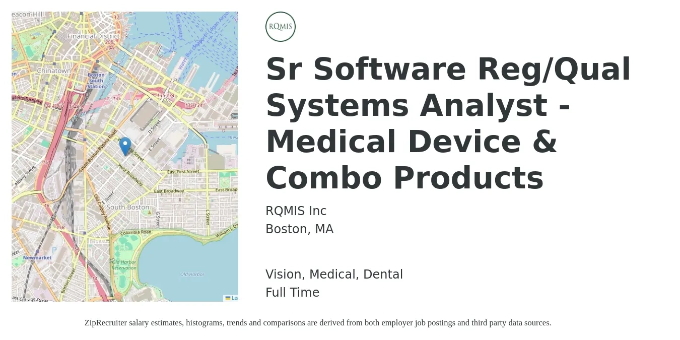 RQMIS Inc job posting for a Sr Software Reg/Qual Systems Analyst - Medical Device & Combo Products in Boston, MA and benefits including retirement, vision, dental, and medical with a map of Boston location.