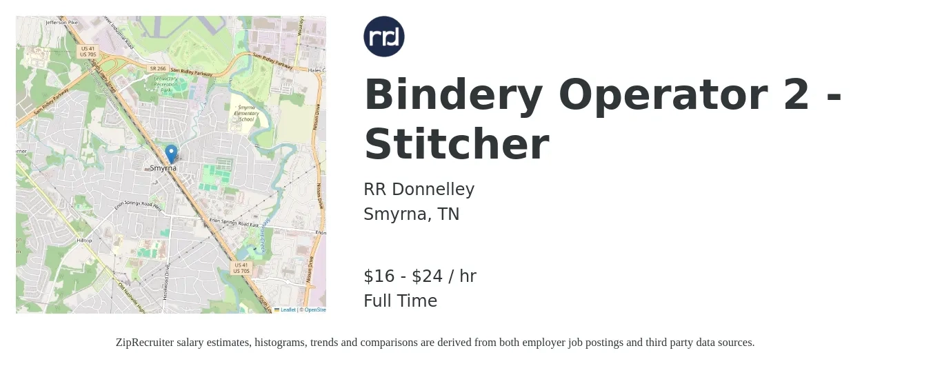RR Donnelley job posting for a Bindery Operator 2 - Stitcher in Smyrna, TN with a salary of $17 to $26 Hourly with a map of Smyrna location.