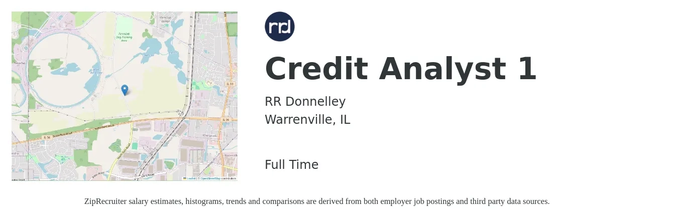 RR Donnelley job posting for a Credit Analyst 1 in Warrenville, IL with a salary of $37,800 to $67,400 Yearly with a map of Warrenville location.