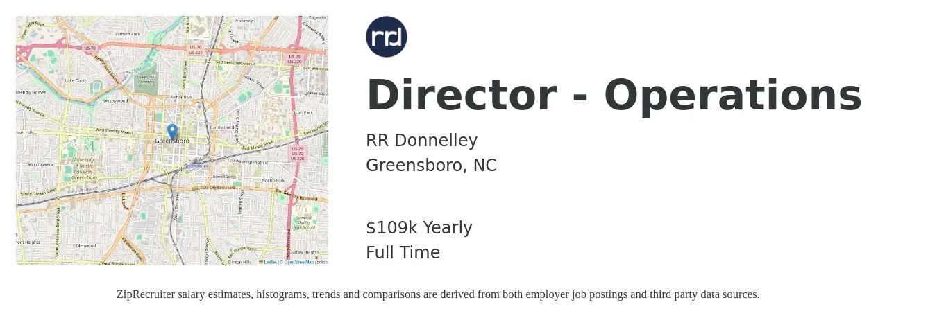 RR Donnelley job posting for a Director - Operations in Greensboro, NC with a salary of $109,800 Yearly with a map of Greensboro location.