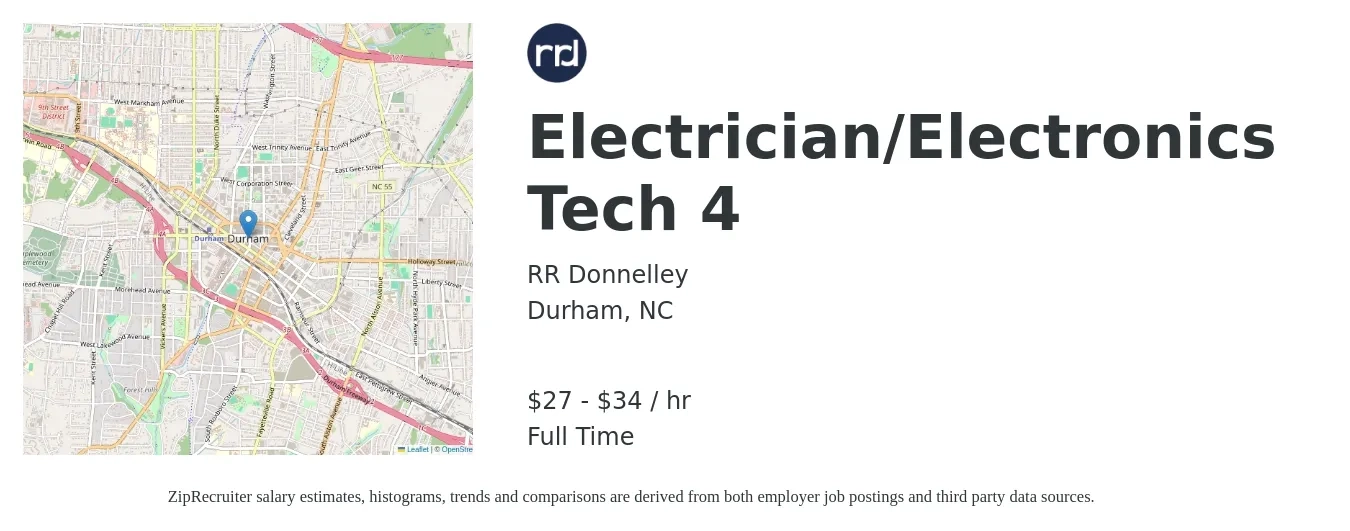 RR Donnelley job posting for a Electrician/Electronics Tech 4 in Durham, NC with a salary of $29 to $36 Hourly with a map of Durham location.