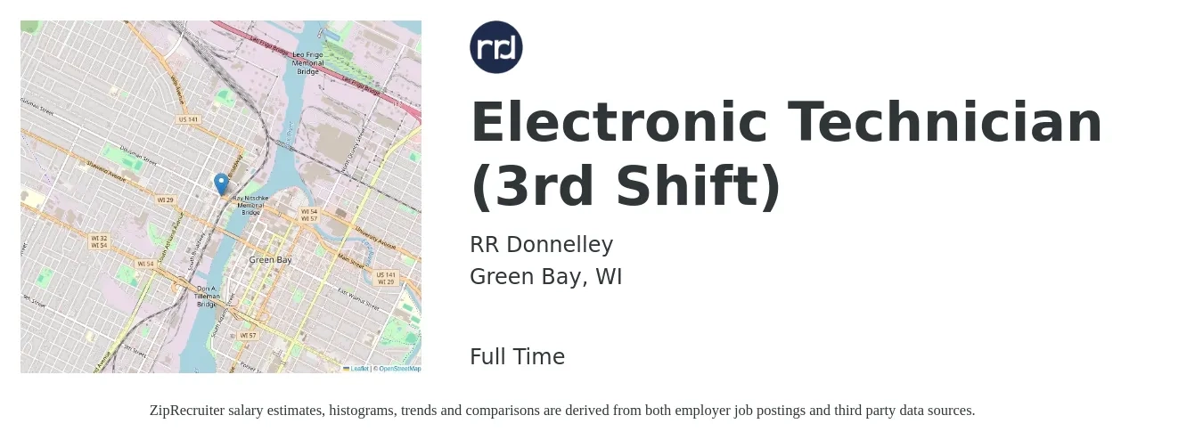 RR Donnelley job posting for a Electronic Technician (3rd Shift) in Green Bay, WI with a salary of $28 to $42 Hourly with a map of Green Bay location.