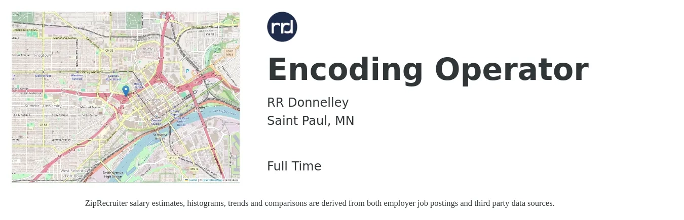RR Donnelley job posting for a Encoding Operator in Saint Paul, MN with a salary of $18 to $25 Hourly with a map of Saint Paul location.