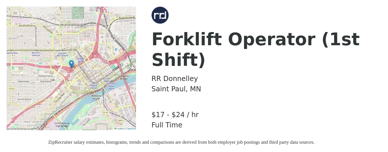RR Donnelley job posting for a Forklift Operator (1st Shift) in Saint Paul, MN with a salary of $18 to $25 Hourly with a map of Saint Paul location.