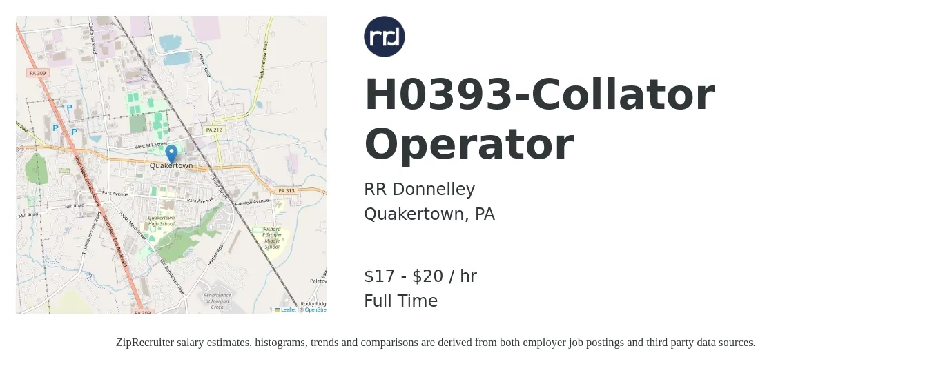 RR Donnelley job posting for a H0393-Collator Operator in Quakertown, PA with a salary of $18 to $21 Hourly with a map of Quakertown location.