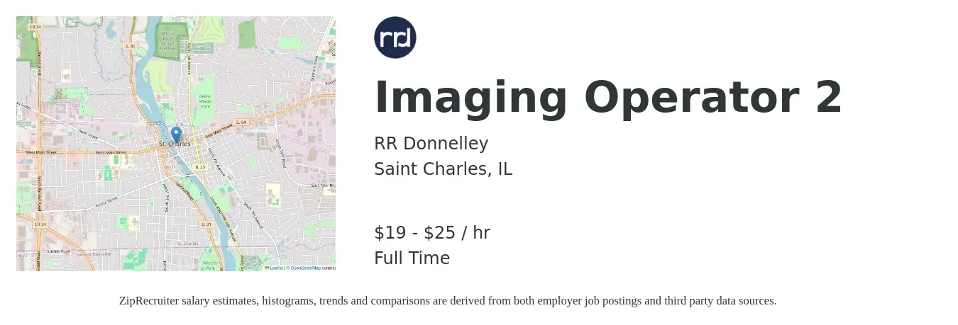 RR Donnelley job posting for a Imaging Operator 2 in Saint Charles, IL with a salary of $20 to $27 Hourly with a map of Saint Charles location.