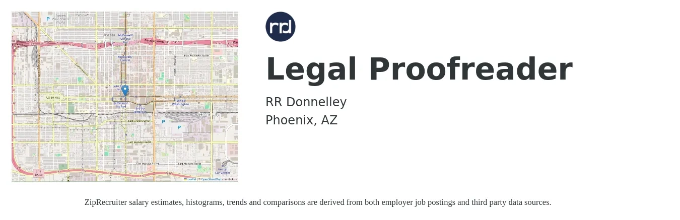 RR Donnelley job posting for a Legal Proofreader in Phoenix, AZ with a salary of $18 Hourly with a map of Phoenix location.