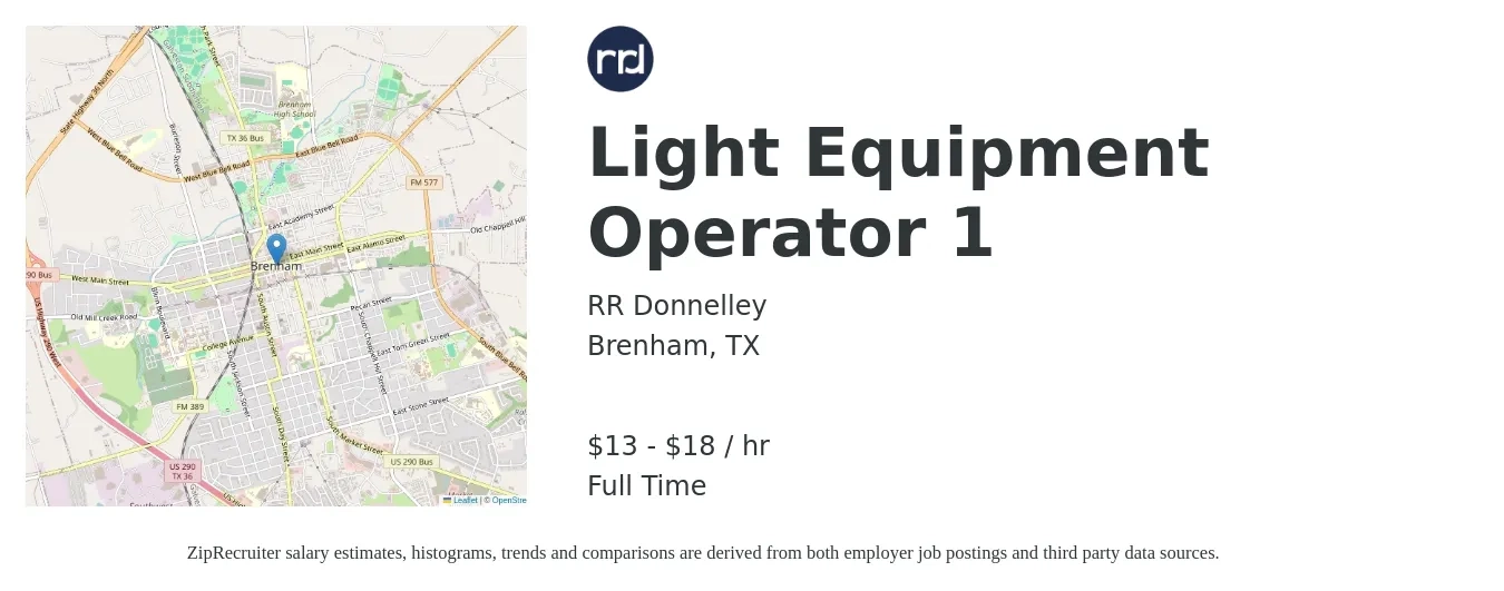 RR Donnelley job posting for a Light Equipment Operator 1 in Brenham, TX with a salary of $14 to $19 Hourly with a map of Brenham location.
