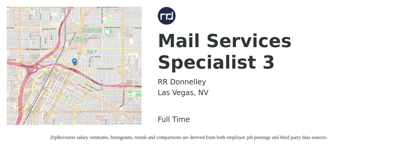 RR Donnelley job posting for a Mail Services Specialist 3 in Las Vegas, NV with a salary of $17 to $25 Hourly with a map of Las Vegas location.