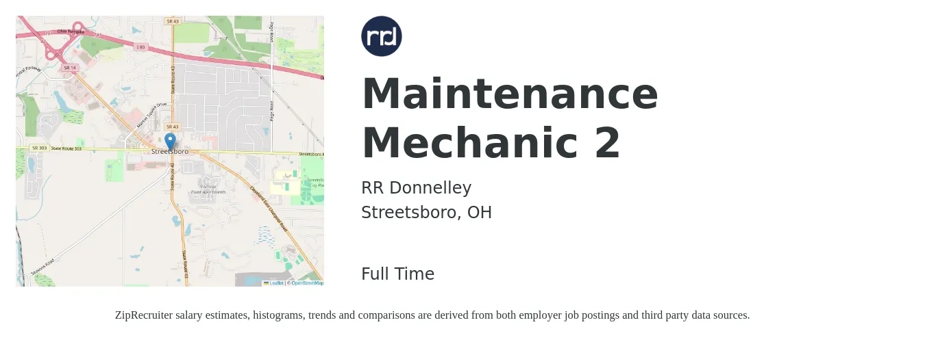 RR Donnelley job posting for a Maintenance Mechanic 2 in Streetsboro, OH with a salary of $20 to $28 Hourly with a map of Streetsboro location.