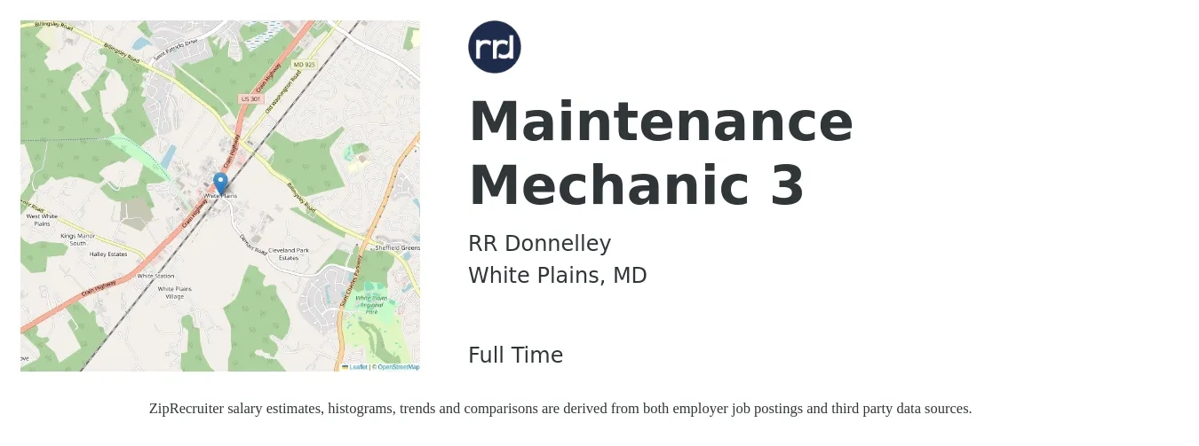 RR Donnelley job posting for a Maintenance Mechanic 3 in White Plains, MD with a salary of $31 to $38 Hourly with a map of White Plains location.