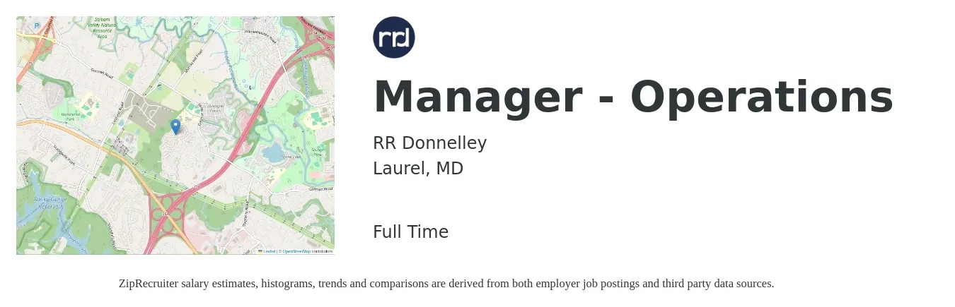 RR Donnelley job posting for a Manager - Operations in Laurel, MD with a salary of $40,600 to $76,800 Yearly with a map of Laurel location.