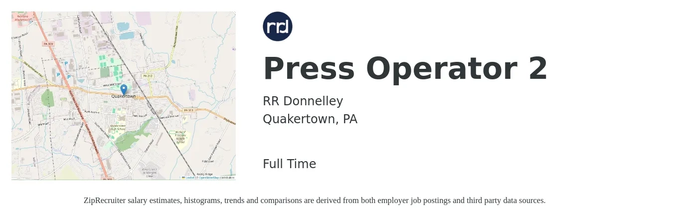 RR Donnelley job posting for a Press Operator 2 in Quakertown, PA with a salary of $16 to $21 Hourly with a map of Quakertown location.