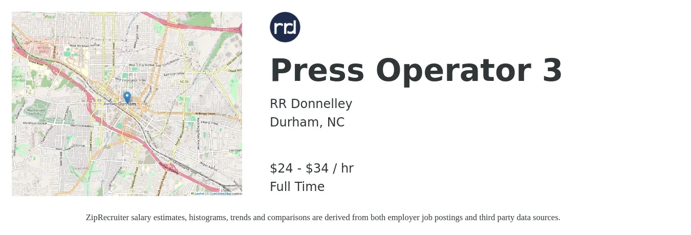 RR Donnelley job posting for a Press Operator 3 in Durham, NC with a salary of $26 to $36 Hourly with a map of Durham location.