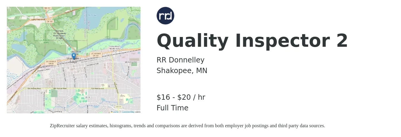 RR Donnelley job posting for a Quality Inspector 2 in Shakopee, MN with a salary of $17 to $22 Hourly with a map of Shakopee location.