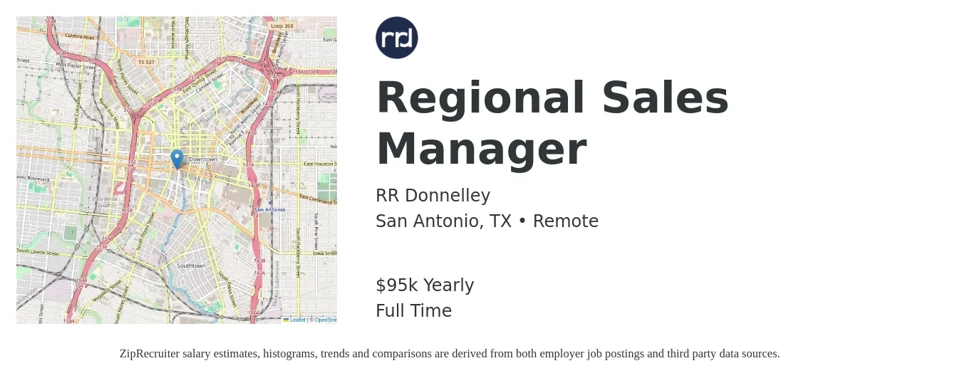 RR Donnelley job posting for a Regional Sales Manager in San Antonio, TX with a salary of $95,400 Yearly with a map of San Antonio location.