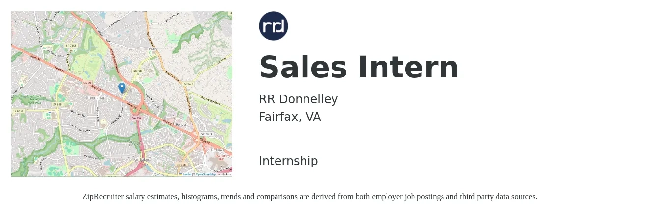 RR Donnelley job posting for a Sales Intern in Fairfax, VA with a salary of $18 Hourly with a map of Fairfax location.