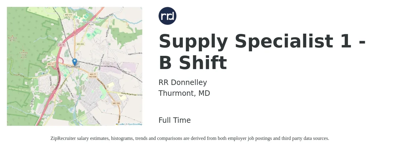 RR Donnelley job posting for a Supply Specialist 1 - B Shift in Thurmont, MD with a salary of $17 to $22 Hourly with a map of Thurmont location.