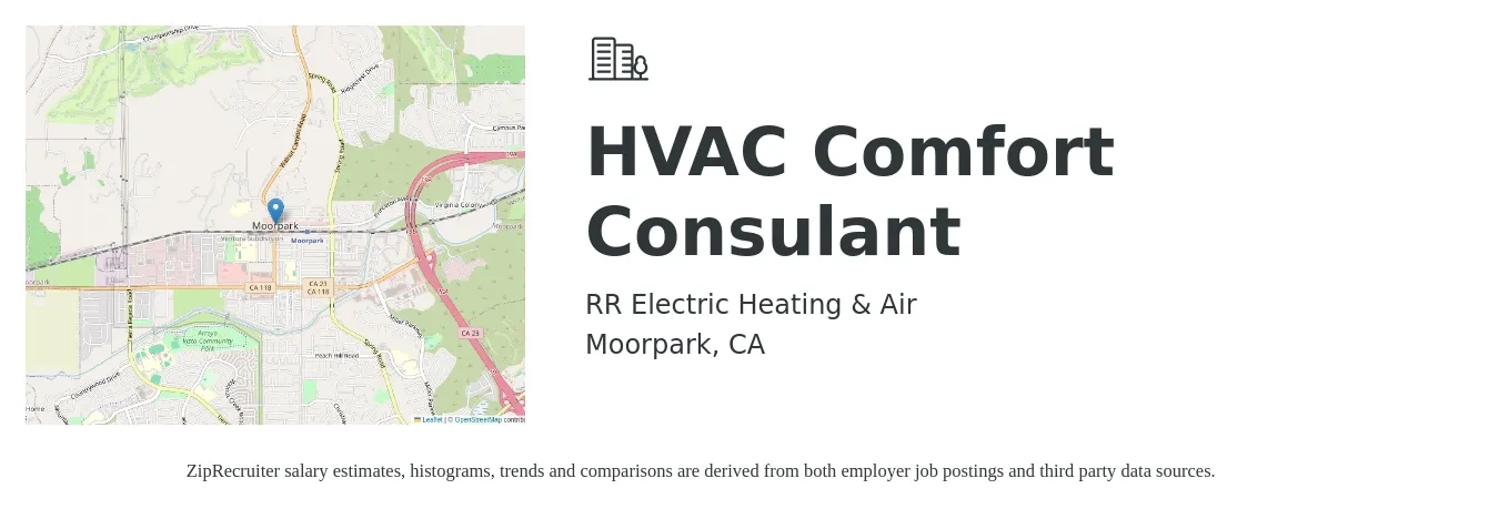 RR Electric Heating & Air job posting for a HVAC Comfort Consulant in Moorpark, CA with a salary of $26 to $36 Hourly with a map of Moorpark location.
