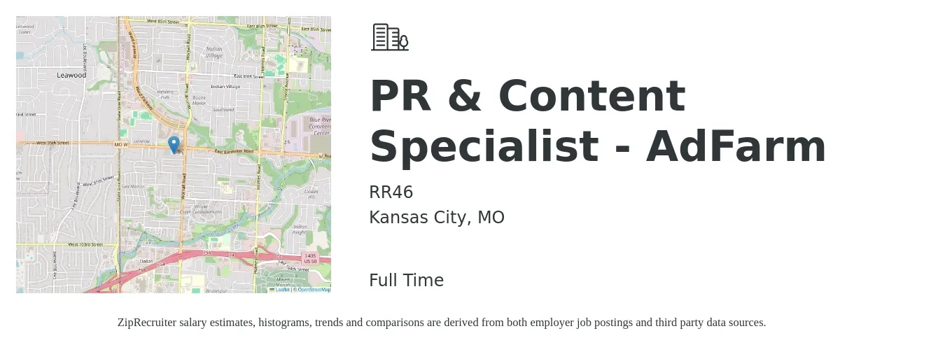 RR46 job posting for a PR & Content Specialist - AdFarm in Kansas City, MO with a salary of $22 to $36 Hourly with a map of Kansas City location.