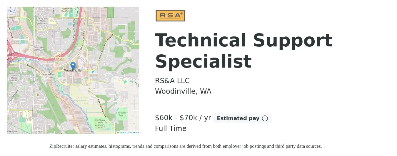 RS&A LLC job posting for a Technical Support Specialist in Woodinville, WA with a salary of $60,000 to $70,000 Yearly with a map of Woodinville location.