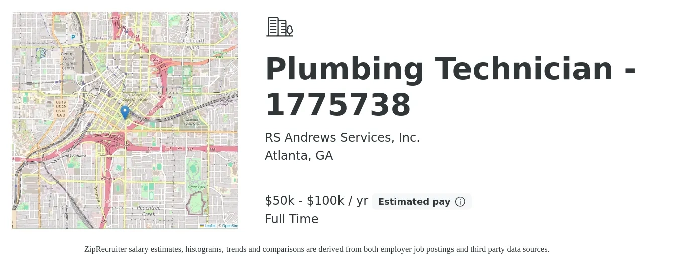 RS Andrews Services, Inc. job posting for a Plumbing Technician - 1775738 in Atlanta, GA with a salary of $50,000 to $100,000 Yearly with a map of Atlanta location.