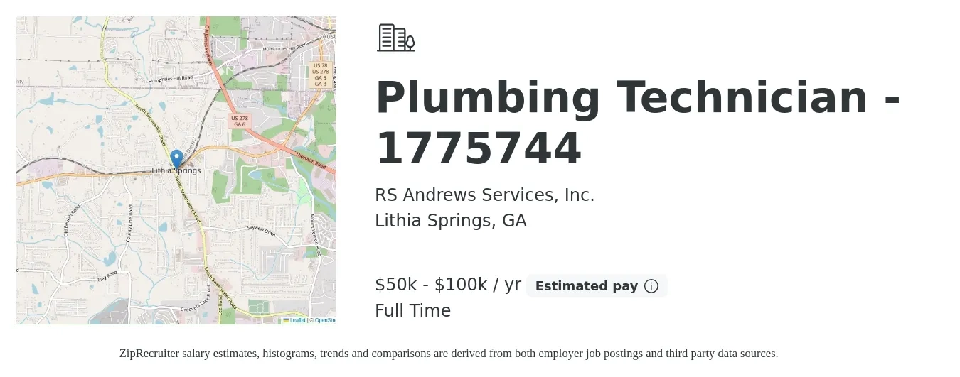 RS Andrews Services, Inc. job posting for a Plumbing Technician - 1775744 in Lithia Springs, GA with a salary of $50,000 to $100,000 Yearly with a map of Lithia Springs location.