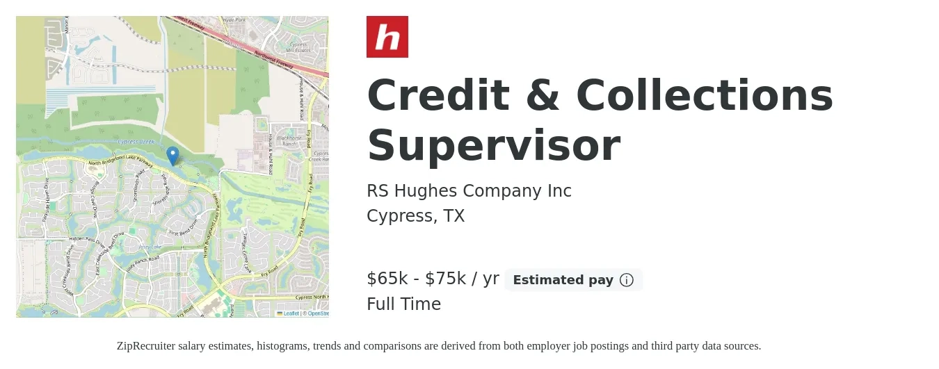 RS Hughes Company Inc job posting for a Credit & Collections Supervisor in Cypress, TX with a salary of $65,000 to $75,000 Yearly with a map of Cypress location.