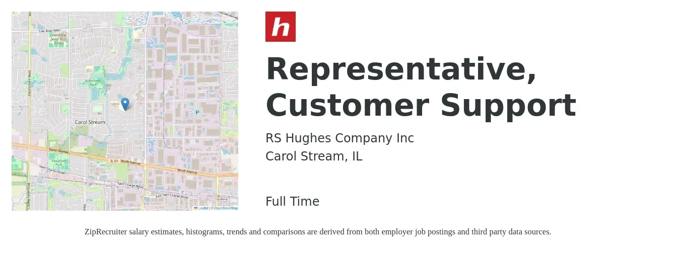 RS Hughes Company Inc job posting for a Representative, Customer Support in Carol Stream, IL with a salary of $48,000 to $54,000 Yearly with a map of Carol Stream location.