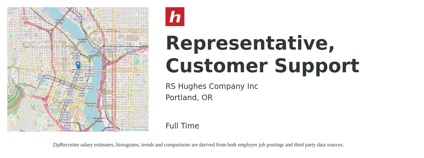 RS Hughes Company Inc job posting for a Representative, Customer Support in Portland, OR with a salary of $48,000 to $52,000 Yearly with a map of Portland location.