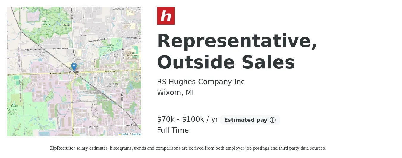 RS Hughes Company Inc job posting for a Representative, Outside Sales in Wixom, MI with a salary of $70,000 to $100,000 Yearly with a map of Wixom location.
