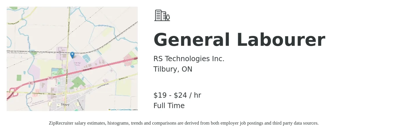 RS Technologies Inc. job posting for a General Labourer in Tilbury, ON with a salary of $21 to $25 Hourly with a map of Tilbury location.