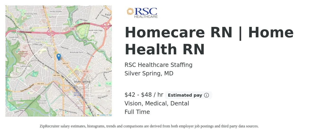 RSC Healthcare Staffing job posting for a Homecare RN | Home Health RN in Silver Spring, MD with a salary of $44 to $50 Hourly and benefits including life_insurance, medical, pto, vision, and dental with a map of Silver Spring location.