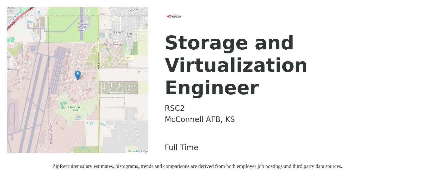 RSC2 job posting for a Storage and Virtualization Engineer in McConnell AFB, KS with a salary of $48 to $67 Hourly with a map of McConnell AFB location.