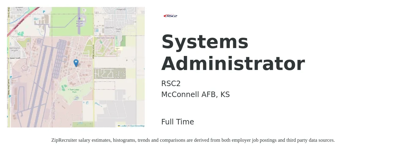 RSC2 job posting for a Systems Administrator in McConnell AFB, KS with a salary of $66,200 to $98,400 Yearly with a map of McConnell AFB location.