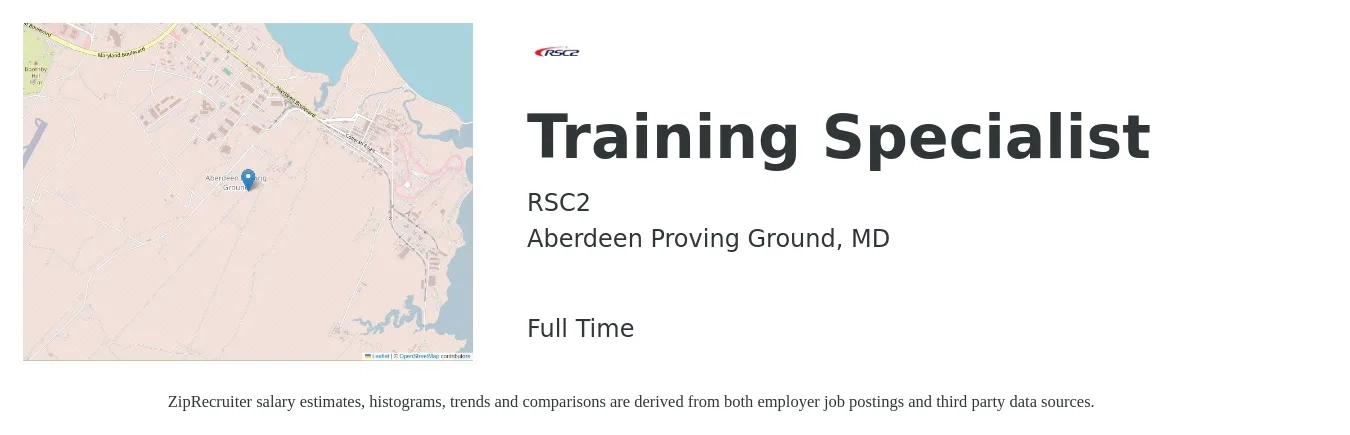 RSC2 job posting for a Training Specialist in Aberdeen Proving Ground, MD with a salary of $61,000 to $88,800 Yearly with a map of Aberdeen Proving Ground location.