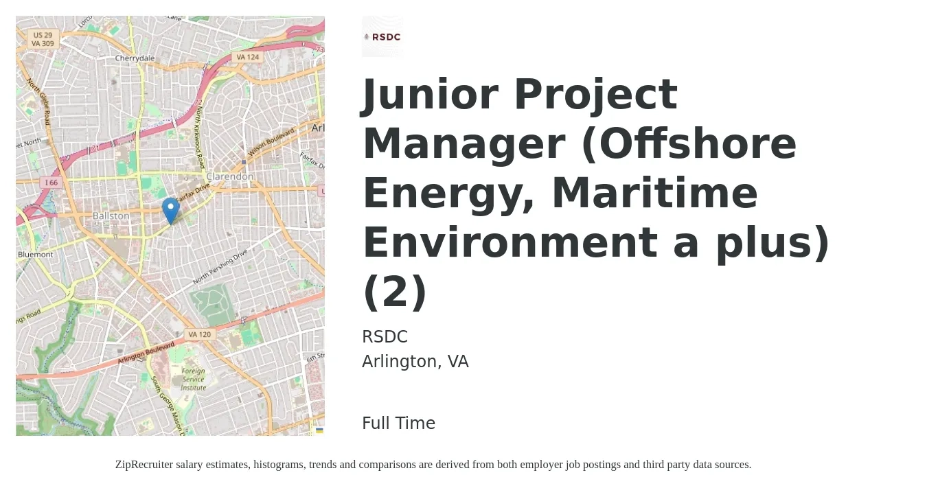 RSDC job posting for a Junior Project Manager (Offshore Energy, Maritime Environment a plus) (2) in Arlington, VA with a salary of $61,700 to $96,000 Yearly with a map of Arlington location.