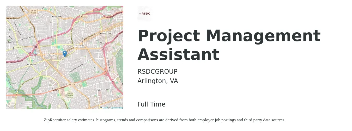 RSDCGROUP job posting for a Project Management Assistant in Arlington, VA with a salary of $20 to $29 Hourly with a map of Arlington location.