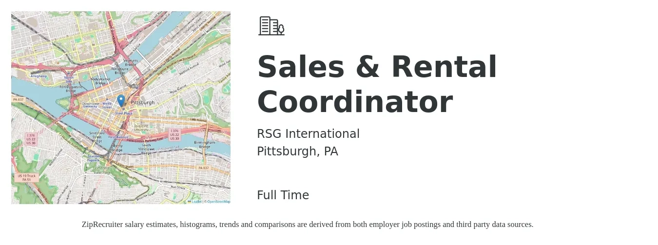 RSG International job posting for a Sales & Rental Coordinator in Pittsburgh, PA with a salary of $18 to $25 Hourly with a map of Pittsburgh location.