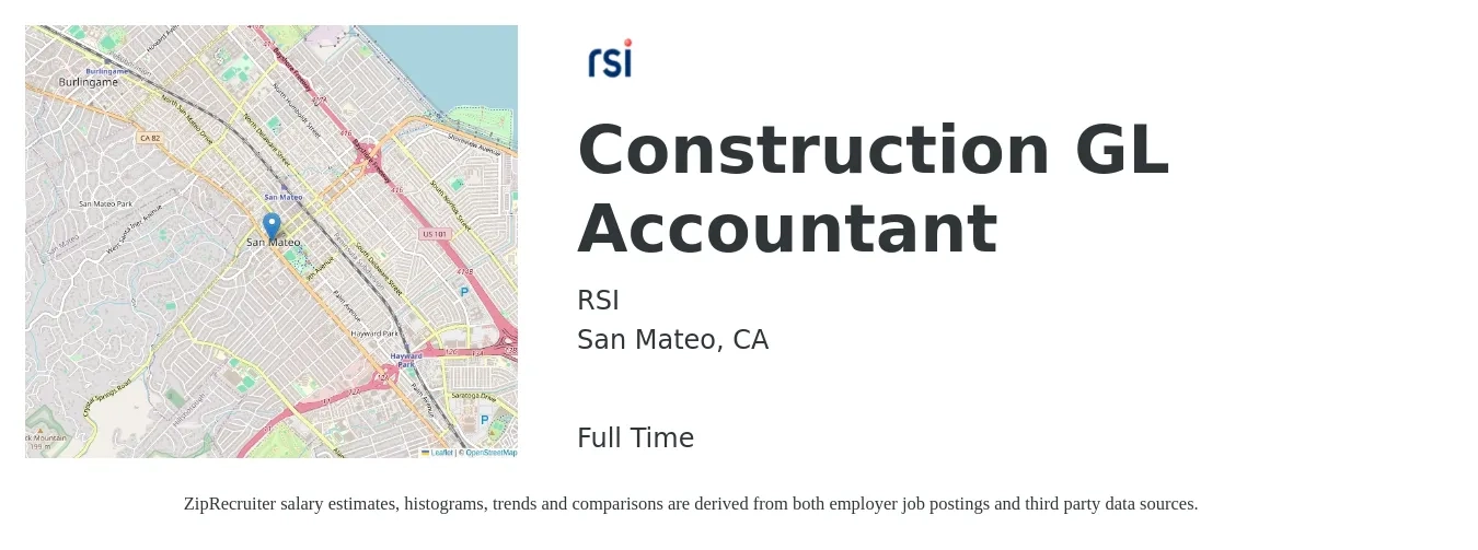 RSI job posting for a Development Accountant in San Mateo, CA with a salary of $60,900 to $89,400 Yearly with a map of San Mateo location.