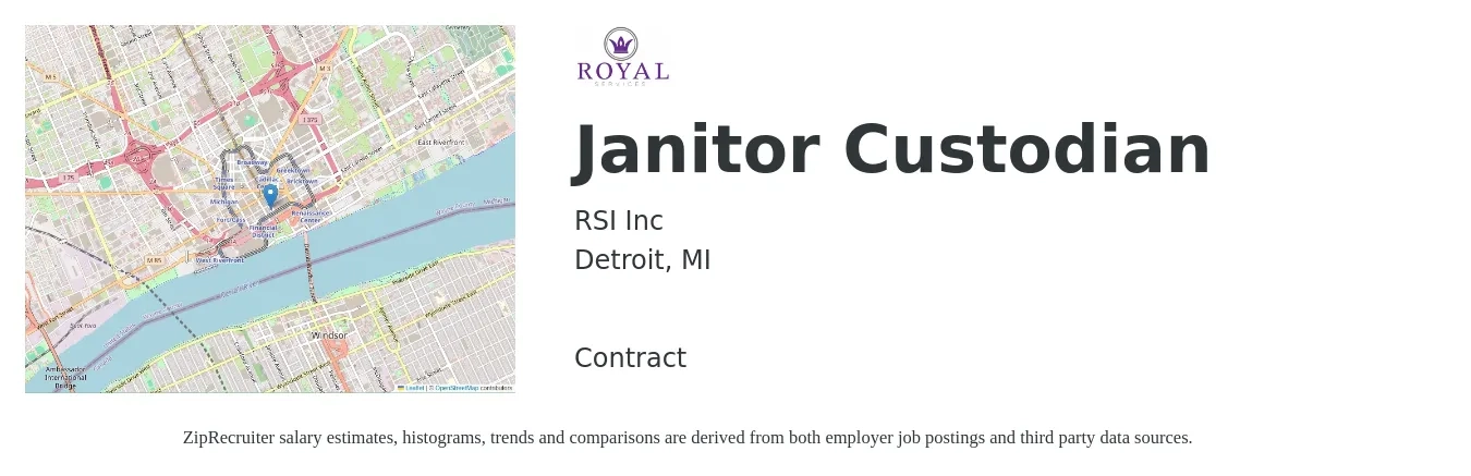 RSI Inc job posting for a Janitor Custodian in Detroit, MI with a salary of $14 to $18 Hourly with a map of Detroit location.