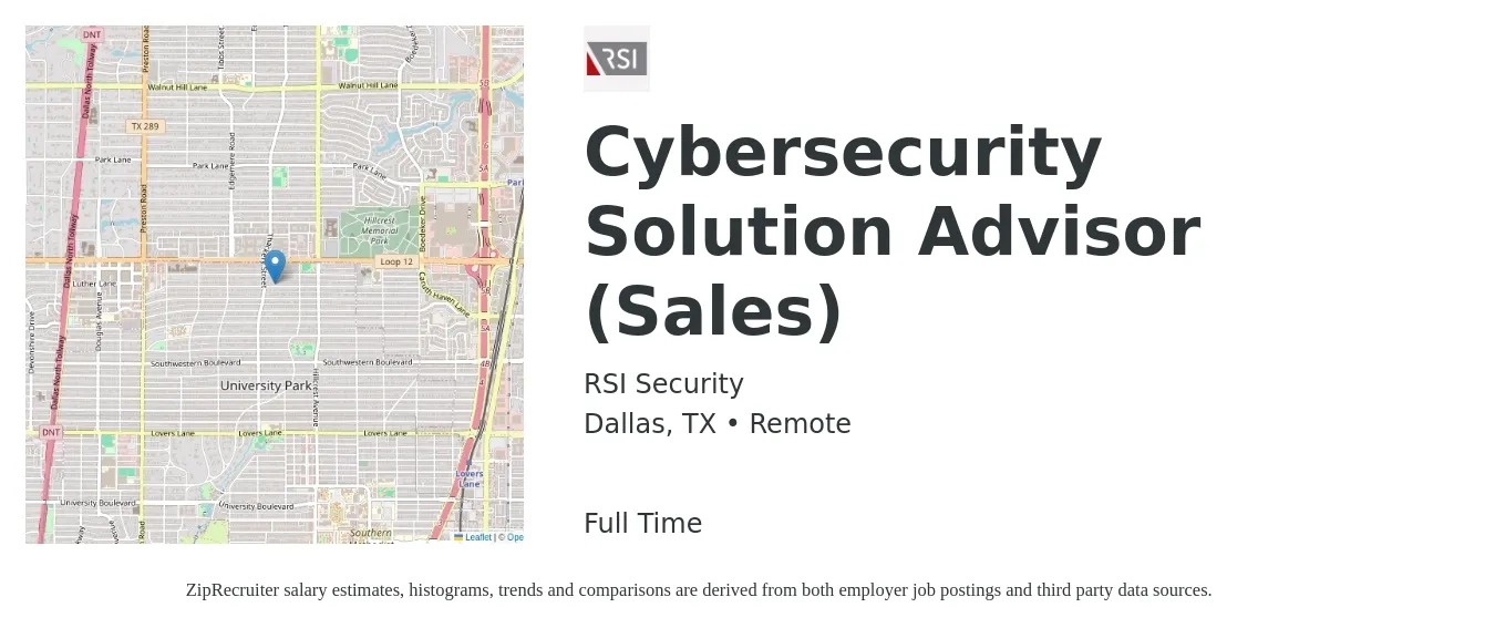 RSI Security job posting for a Cybersecurity Solution Advisor (Sales) in Dallas, TX with a salary of $80,000 to $100,000 Yearly with a map of Dallas location.