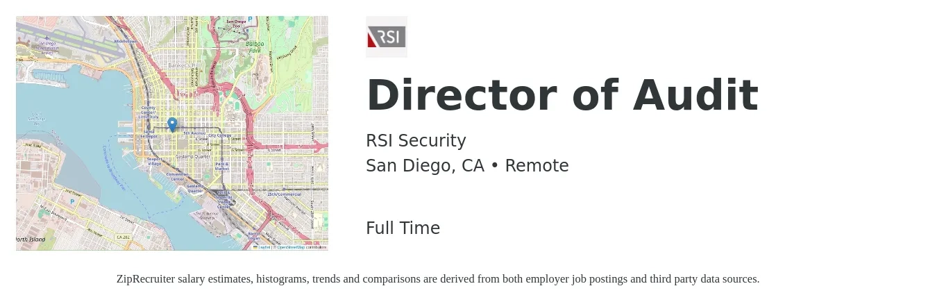 RSI Security job posting for a Director of Audit in San Diego, CA with a salary of $116,100 to $176,200 Yearly with a map of San Diego location.