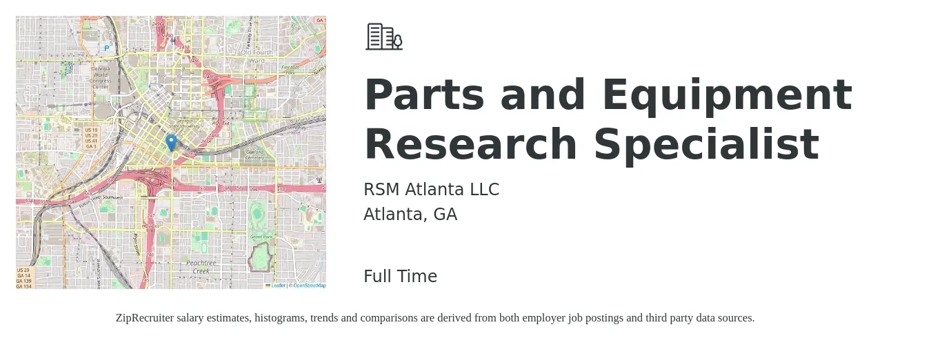 RSM Atlanta LLC job posting for a Parts and Equipment Research Specialist in Atlanta, GA with a salary of $17 to $23 Hourly with a map of Atlanta location.
