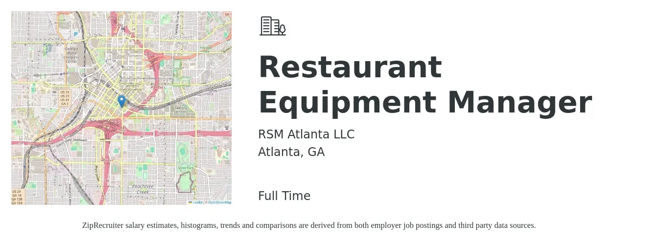 RSM Atlanta job posting for a Restaurant Equipment Manager in Atlanta, GA with a salary of $44,100 to $62,300 Yearly with a map of Atlanta location.