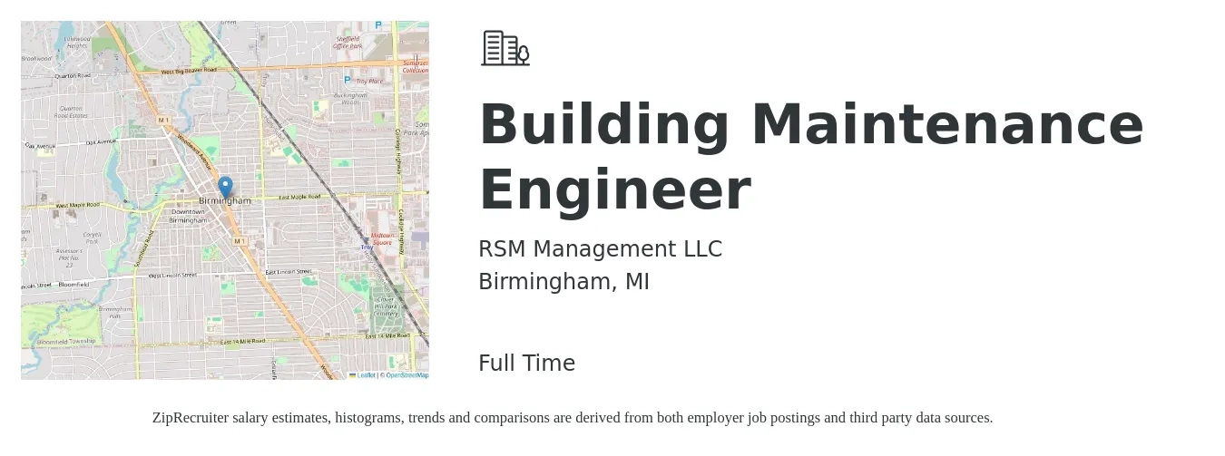 RSM Management LLC job posting for a Building Maintenance Engineer in Birmingham, MI with a salary of $18 to $30 Hourly with a map of Birmingham location.