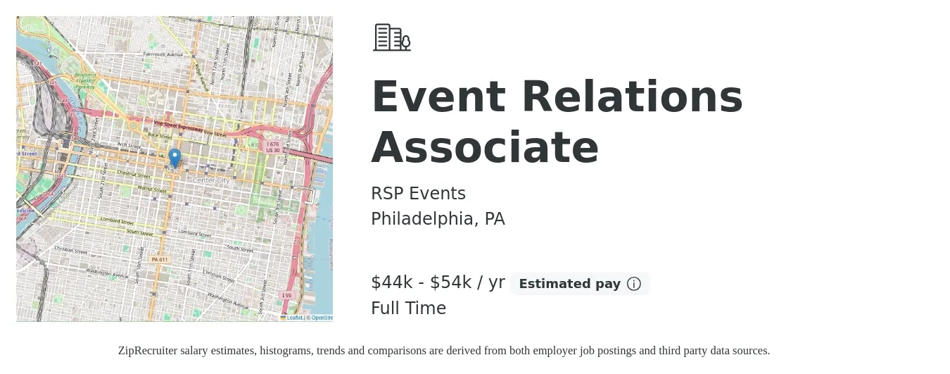RSP Events job posting for a Event Relations Associate in Philadelphia, PA with a salary of $44,000 to $54,000 Yearly with a map of Philadelphia location.
