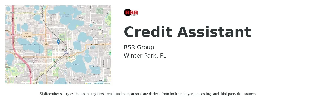 RSR Group job posting for a Credit Assistant in Winter Park, FL with a salary of $18 to $22 Hourly with a map of Winter Park location.