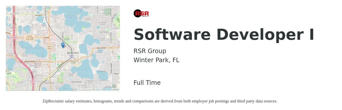 RSR Group job posting for a Software Developer I in Winter Park, FL with a salary of $84,900 to $122,600 Yearly with a map of Winter Park location.
